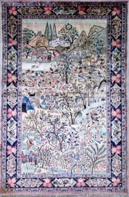 Rare Tapis Kachan Mortachem En Soie, Siècle vers 1920