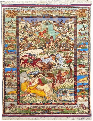 Tapis Tabriz Laine Et Soie - Chasse Persane - Vers 1970 Iran Époque Du Shah