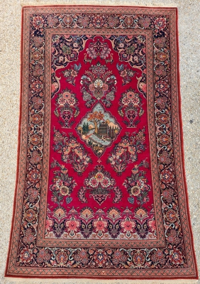 Rare Tapis Kachan Laine Kork Médaillon médaillon représentant un chateaux au bord d’une rivière - Iran Vers 1930